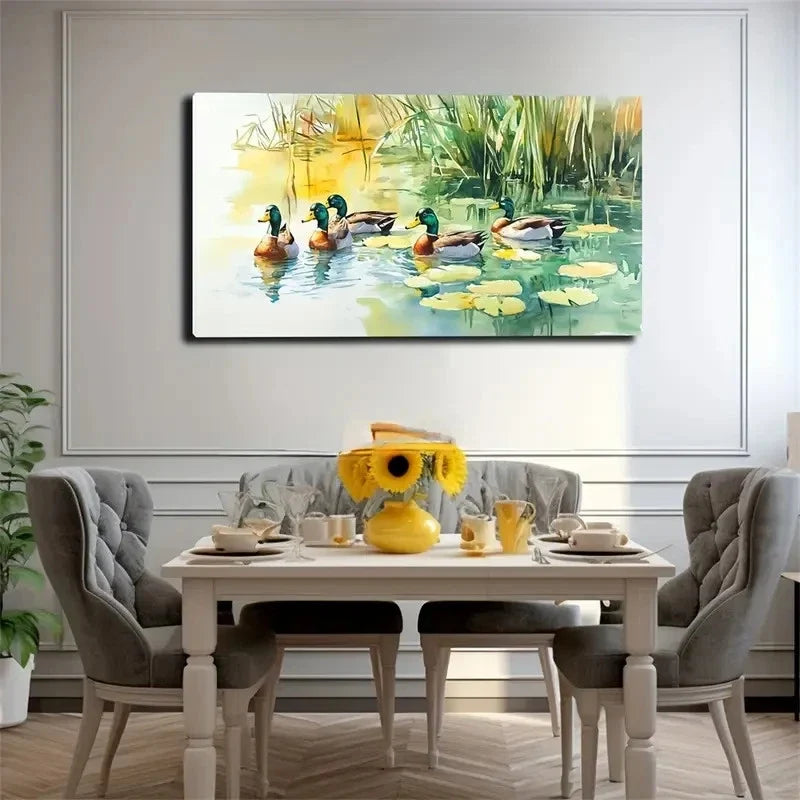 Duck Beside Water Lilies Wall Art Canvas Office Home Room Framed 80x45cm