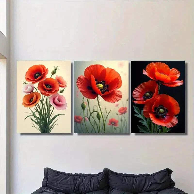3pcs Vibrant Red Poppy Flower Metal Print Ready to Hang Art