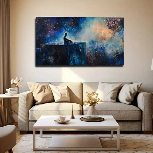 Cosmic Scene Meditating Figure Wall Art Canvas Office Home Room Framed 120x60cm