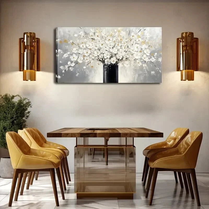 Elegant White Flowers in Black Wall Art Canvas Office Home Room Framed 120x60cm