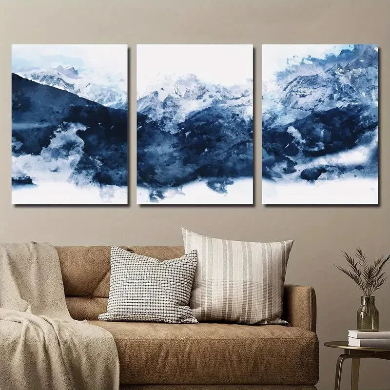 3pcs Watercolor Style Abstract Blue Mountains Wall Art Set Canvas Framed 40x60cm - High Quality Print 100% Australian Made Wall Canvas Ready to Hang