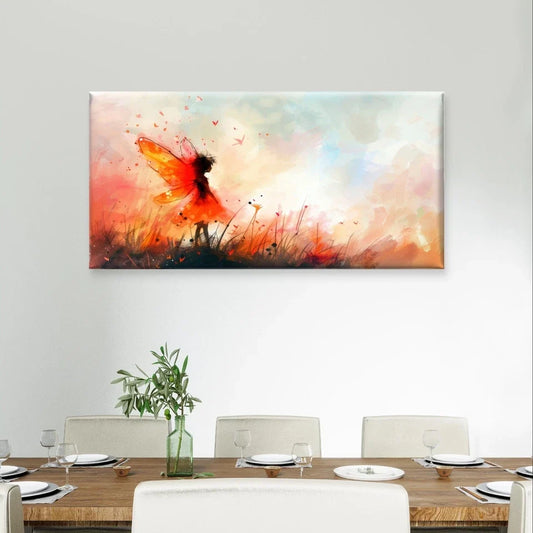 Whimsical Fairy in a Sunset Meadow Wall Art Canvas Office Home Framed 80x45cm