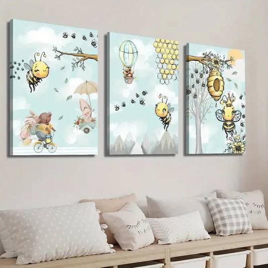 3pcs Rabbit Owl & Beehive Painting Wall Art Set Canvas Framed 40x60cm - High Quality Print 100% Australian Made Wall Canvas Ready to Hang