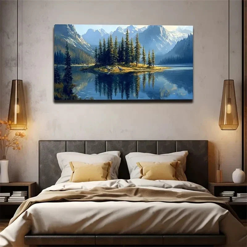 Serene Lake & Island Scene Wall Art Canvas Office Home Room Framed 120x60cm