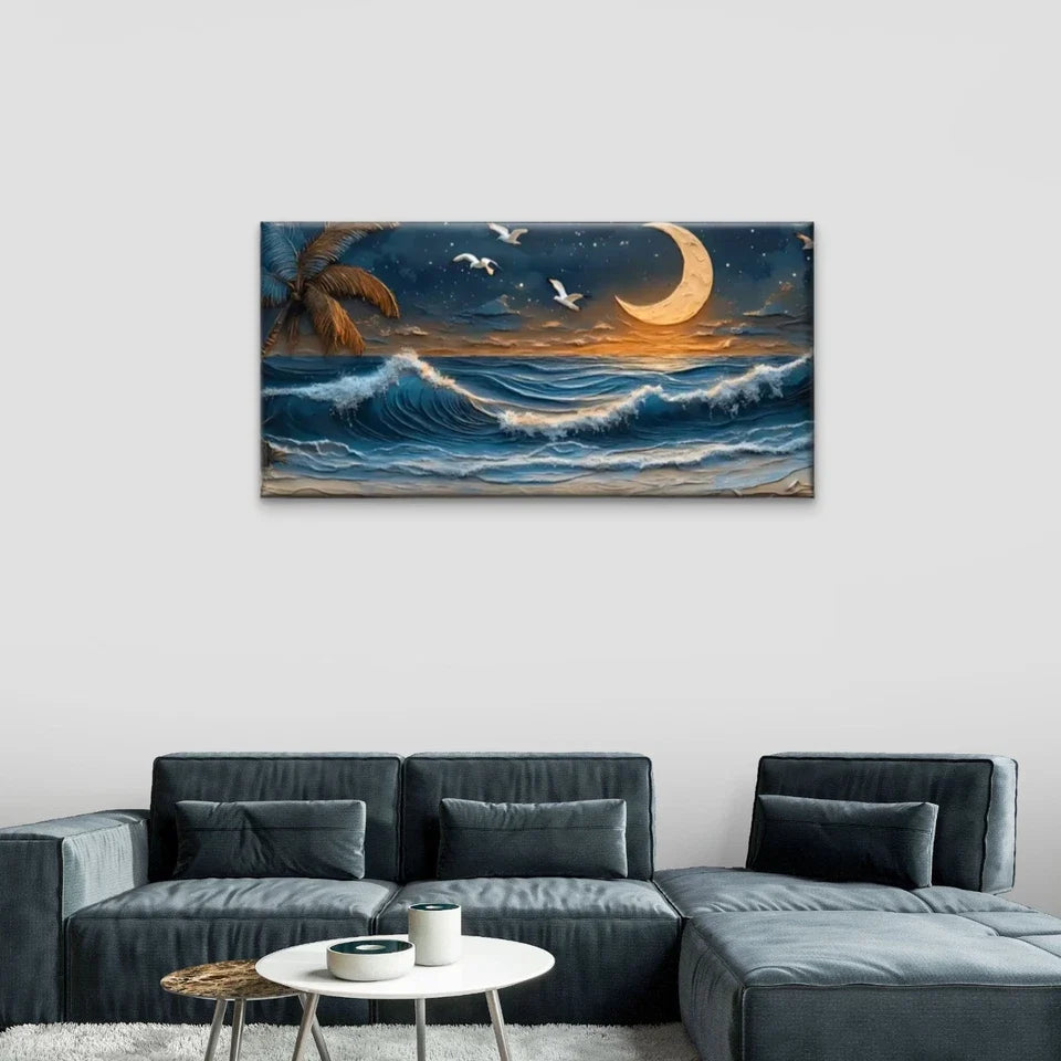 Beach Scene Moon Palm Wall Art Canvas Office Home Room Framed 120x60cm