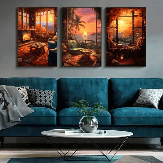 3pcs Sunset House Coconut Tree Metal Print Ready to Hang Art