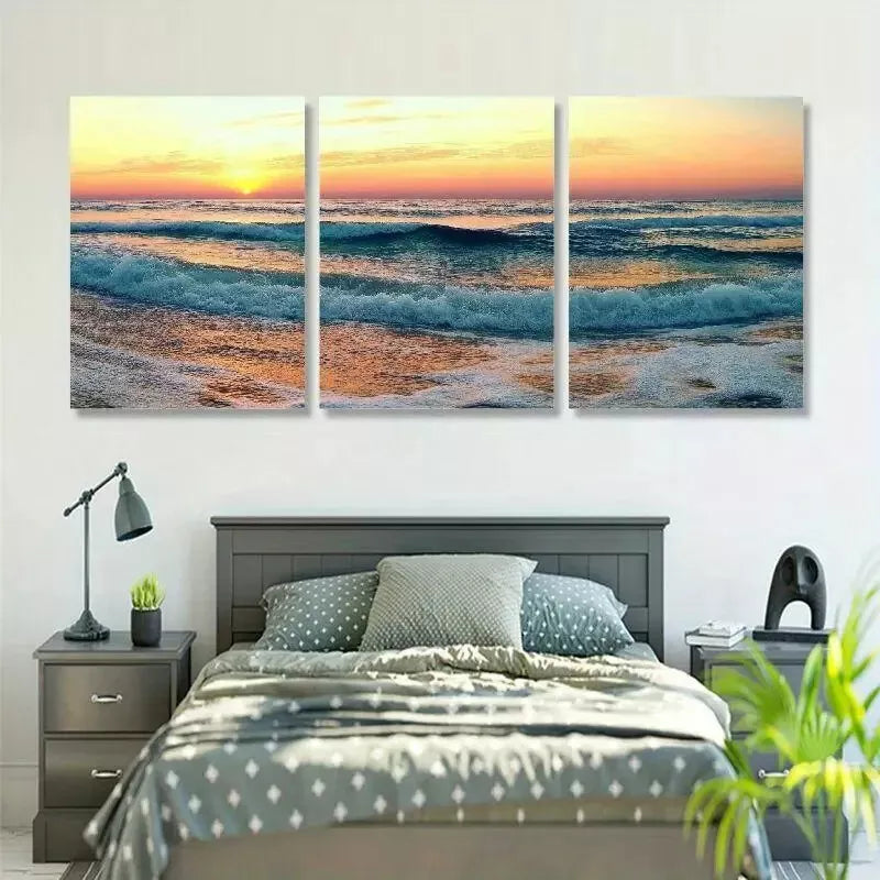 3pcs Elegant Ocean Sunrise View above Sea Waves Wall Art Set Canvas Framed 40x60cm - High Quality Print 100% Australian Made Wall Canvas Ready to Hang