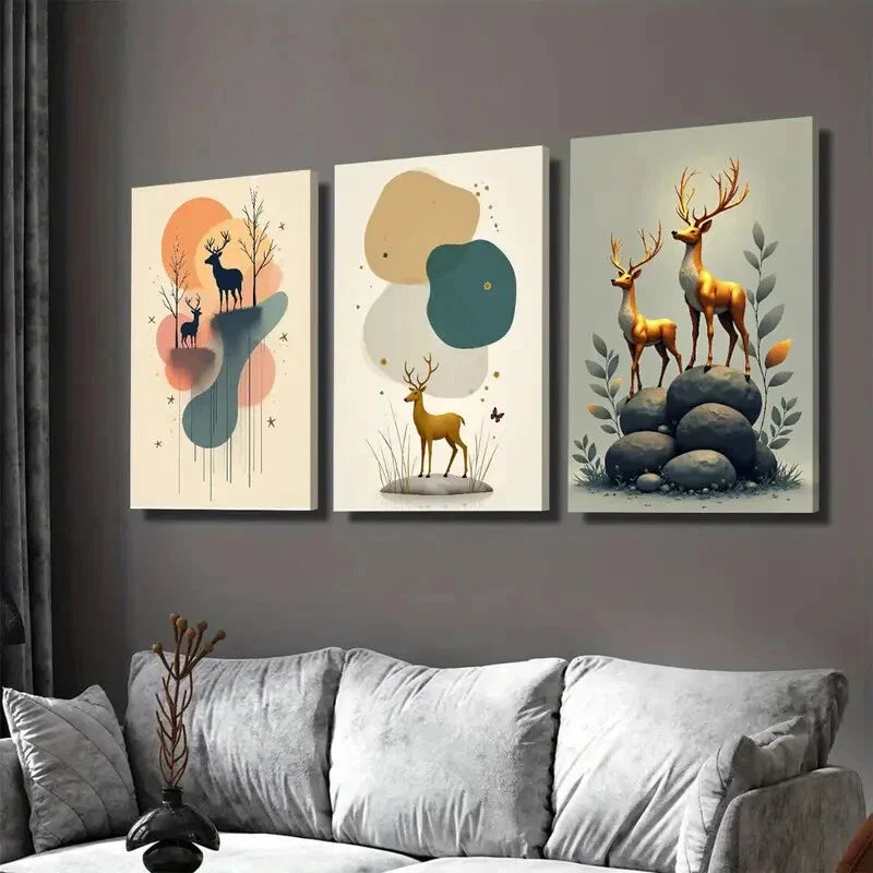 3pcs Deer Themed Abstract Forest Golden Wall Art Set Canvas Framed 40x60cm - High Quality Print 100% Australian Made Wall Canvas Ready to Hang