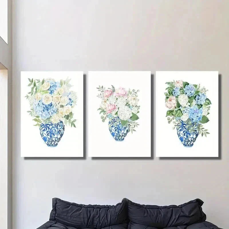 3pcs Blue And White Porcelain Vase And Flower Wall Art Set Canvas Framed 40x60cm - High Quality Print 100% Australian Made Wall Canvas Ready to Hang