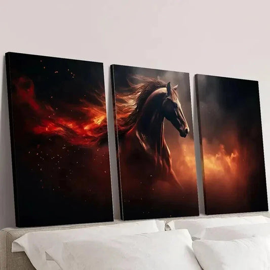 3pcs Brown Horse Running in Fire Flames Wall Art Set Canvas Framed 40x60cm - High Quality Print 100% Australian Made Wall Canvas Ready to Hang