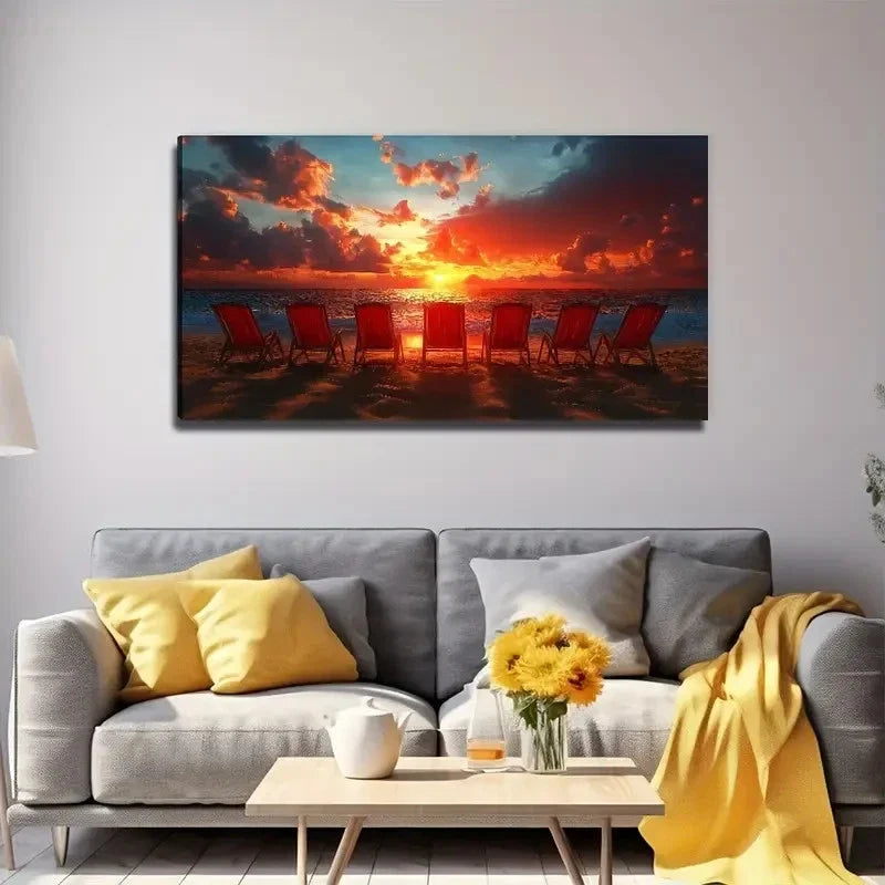 Sunset Beach Chair Perfect Wall Art Canvas Office Home Room Framed 80x45cm