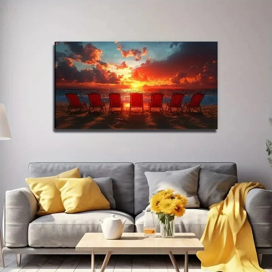 Sunset Beach Chair Perfect Wall Art Canvas Office Home Room Framed 80x45cm