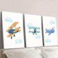3pcs Blue & Green Cartoon Plane Prints Wall Art Set Canvas Framed 40x60cm - High Quality Print 100% Australian Made Wall Canvas Ready to Hang