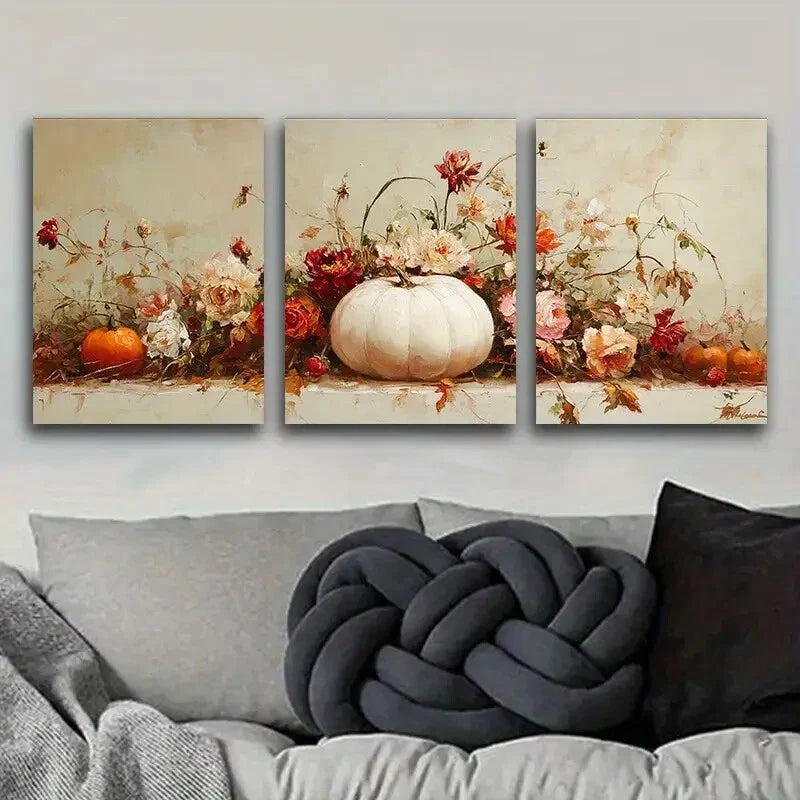 3pcs Paintings of pumpkins and flowers Metal Print Ready to Hang Art