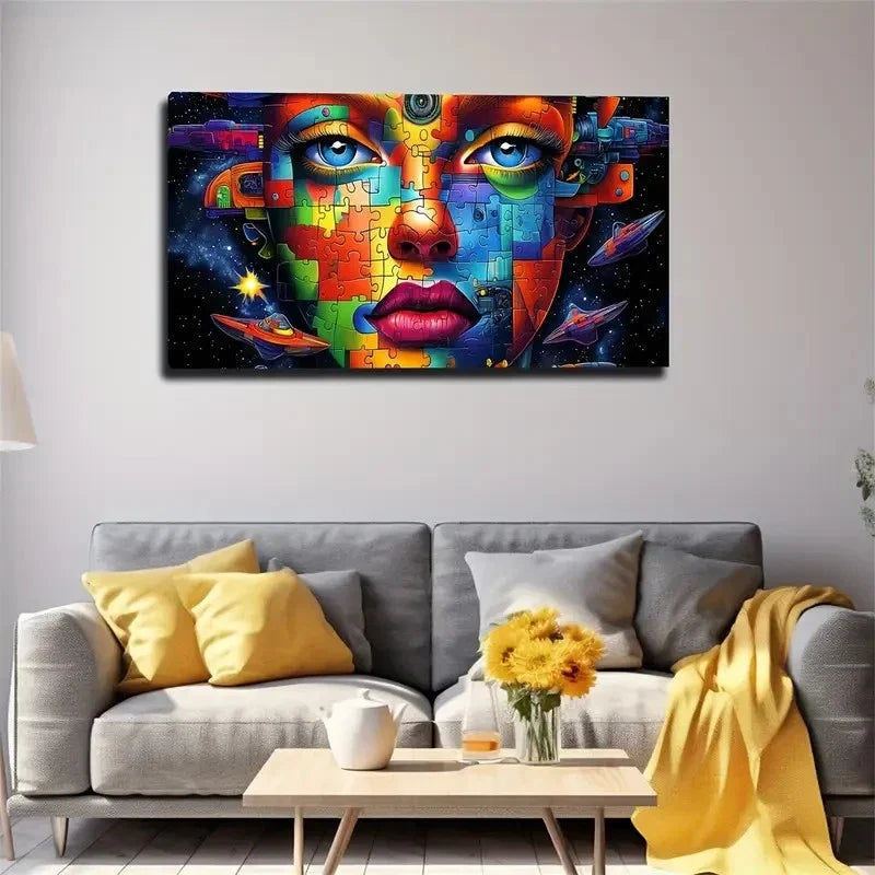 Abstract Puzzle Face Design Wall Art Canvas Office Home Room Framed 120x60cm