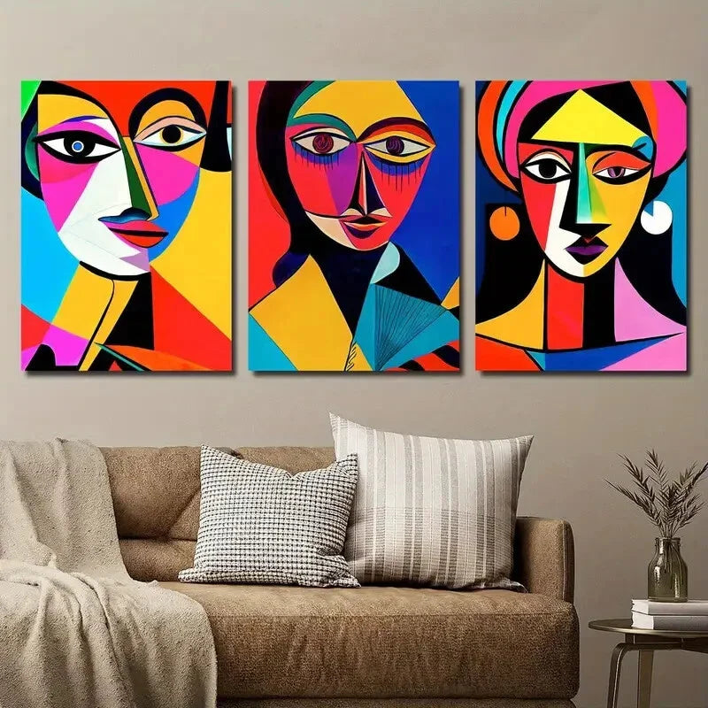 3pcs Vibrant Abstract Geometric Female Faces Wall Art Set Canvas Framed 40x60cm - High Quality Print 100% Australian Made Wall Canvas Ready to Hang