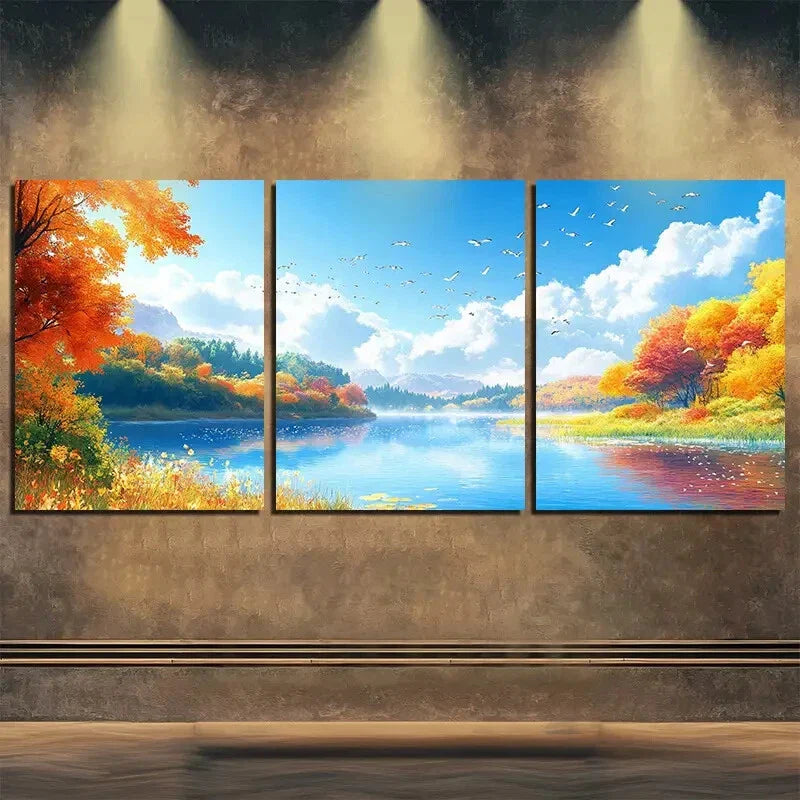 3pcs Vibrant Foliage & Reflective Waters Perfect Wall Art Set Canvas Framed 40x60cm - High Quality Print 100% Australian Made Wall Canvas Ready to Hang