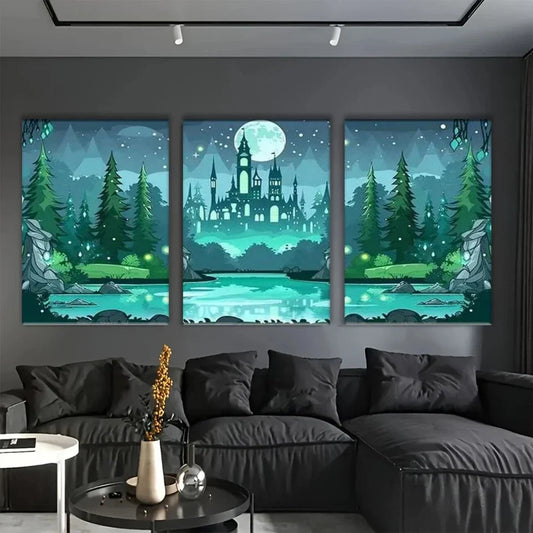 3pcs Triple Mural Set Moonlight Castle and Forest Metal Print Ready to Hang Art