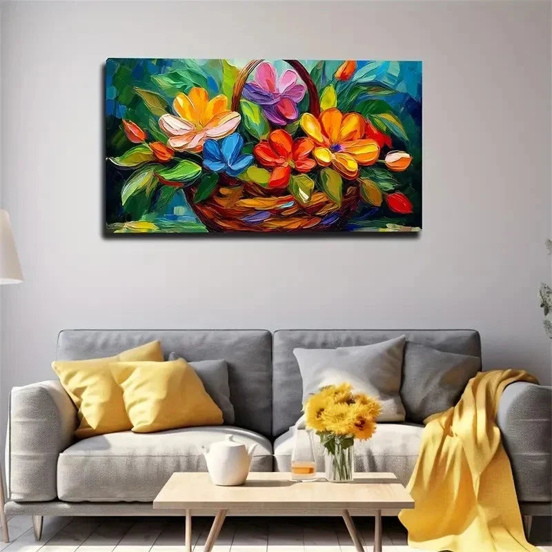 Vibrant Floral Basket Wall Art Canvas Office Home Room Framed 80x45cm