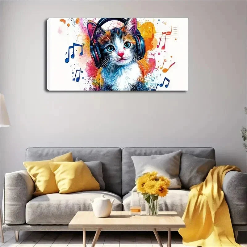 Cute Cat with Headphones Nice Wall Art Canvas Office Home Room Framed 120x60cm