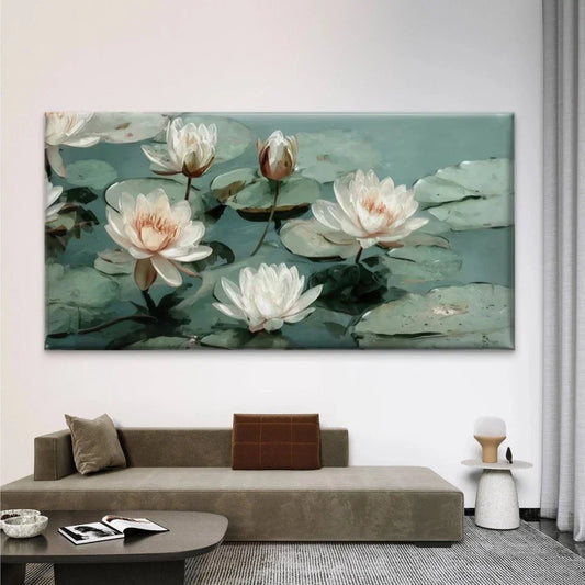 Elegant Water Lily Pond Wall Art Canvas Office Home Room Framed 120x60cm