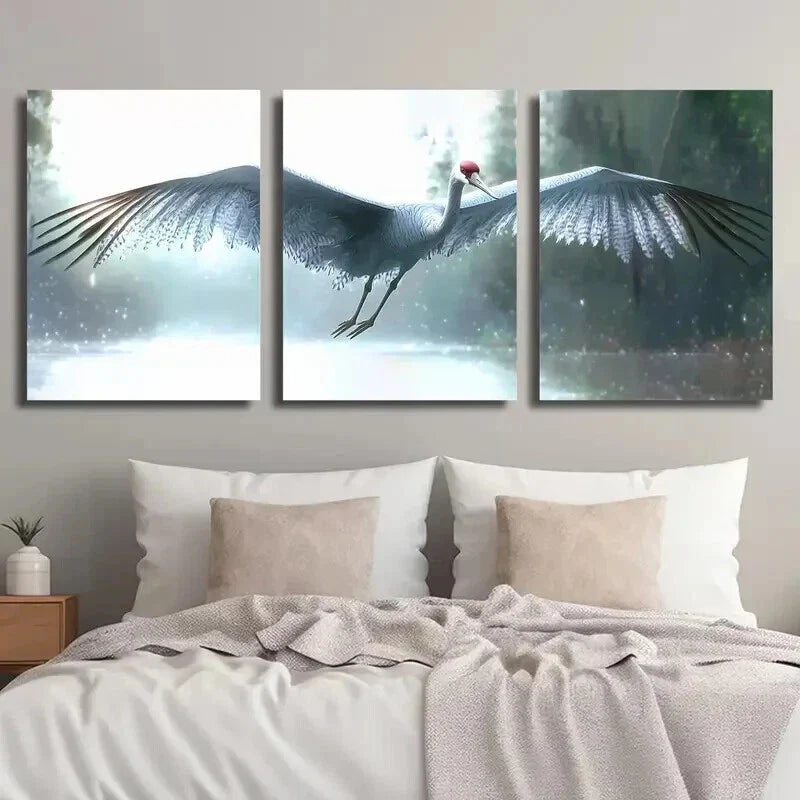 3pcs Crane Close-up Flying Bird Portrait Wall Art Set Canvas Framed 40x60cm - High Quality Print 100% Australian Made Wall Canvas Ready to Hang