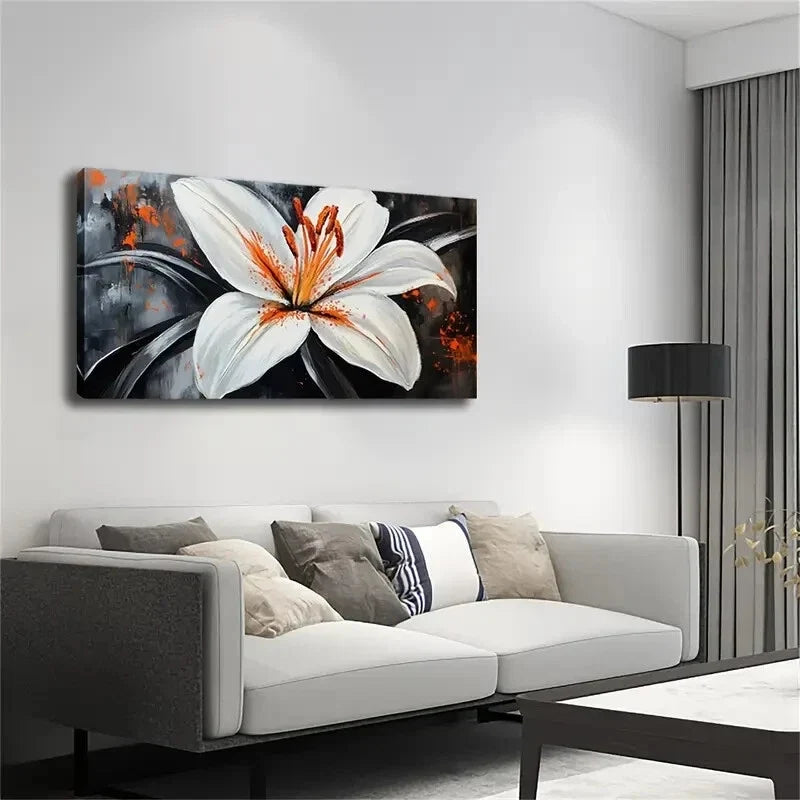 Vibrant White and Orange Flower Wall Art Canvas Office Home Room Framed 120x60cm