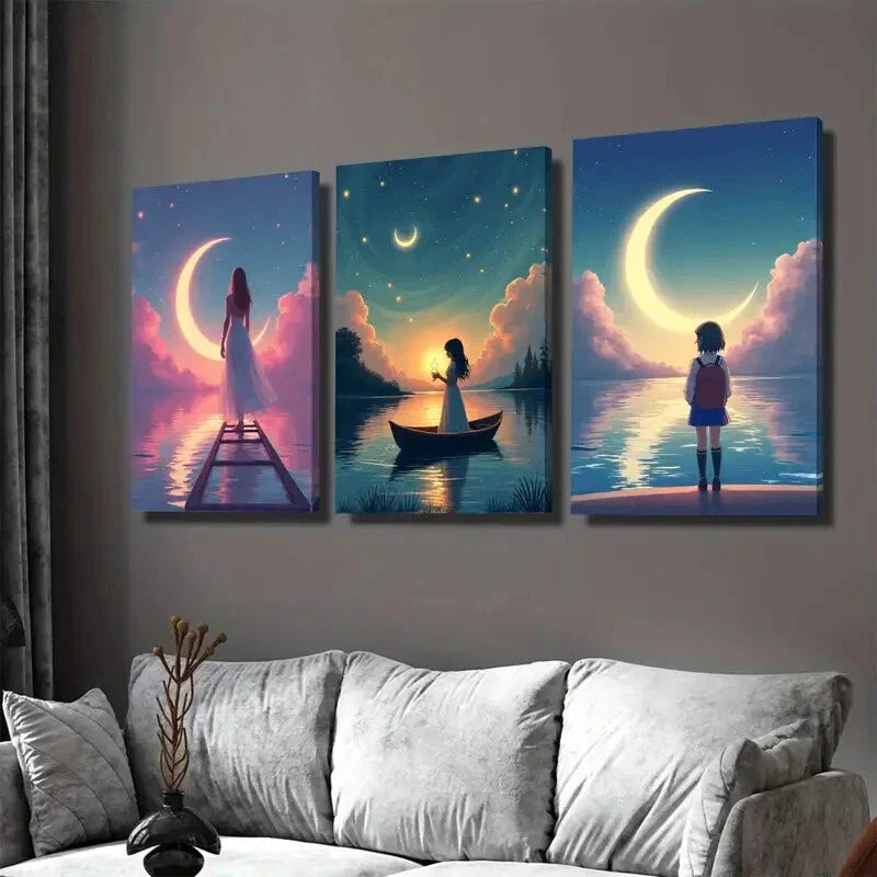 3pcs Moonlit Night Triptych Starry Sky Girl Wall Art Set Canvas Framed 40x60cm - High Quality Print 100% Australian Made Wall Canvas Ready to Hang