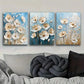 3pcs White Flowers On A Blue Background Metal Print Ready to Hang Art
