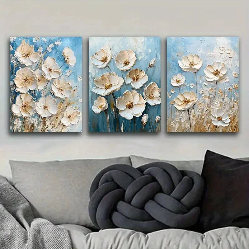 3pcs White Flowers On A Blue Background Metal Print Ready to Hang Art