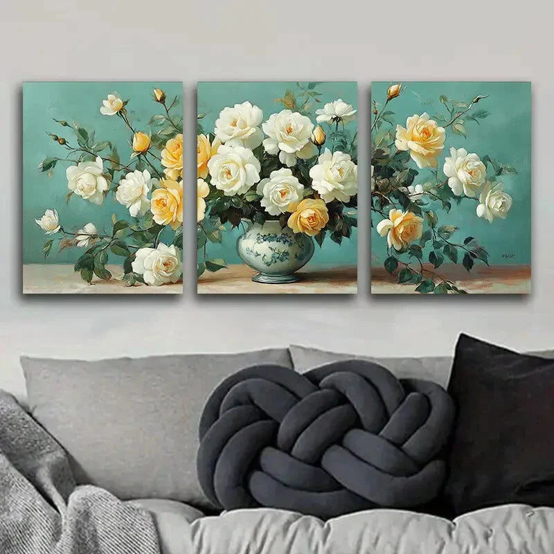 3pcs White Roses in Vase Painting Floral Color Wall Art Set Canvas Framed 40x60cm - High Quality Print 100% Australian Made Wall Canvas Ready to Hang