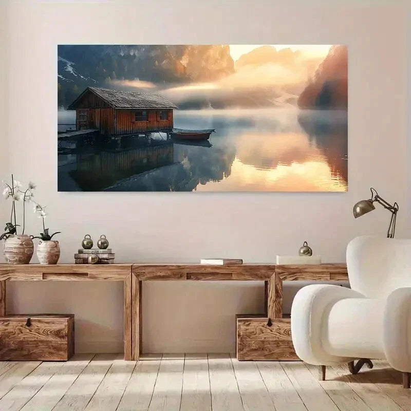 Serene Mountain Lake & Cabin Wall Art Canvas Office Home Room Framed 80x45cm