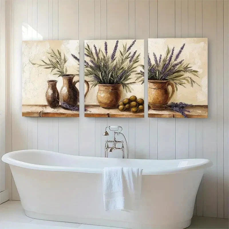 3pcs Tranquil Lavender in Rustic Vases Perfect Wall Art Set Canvas Framed 40x60cm - High Quality Print 100% Australian Made Wall Canvas Ready to Hang