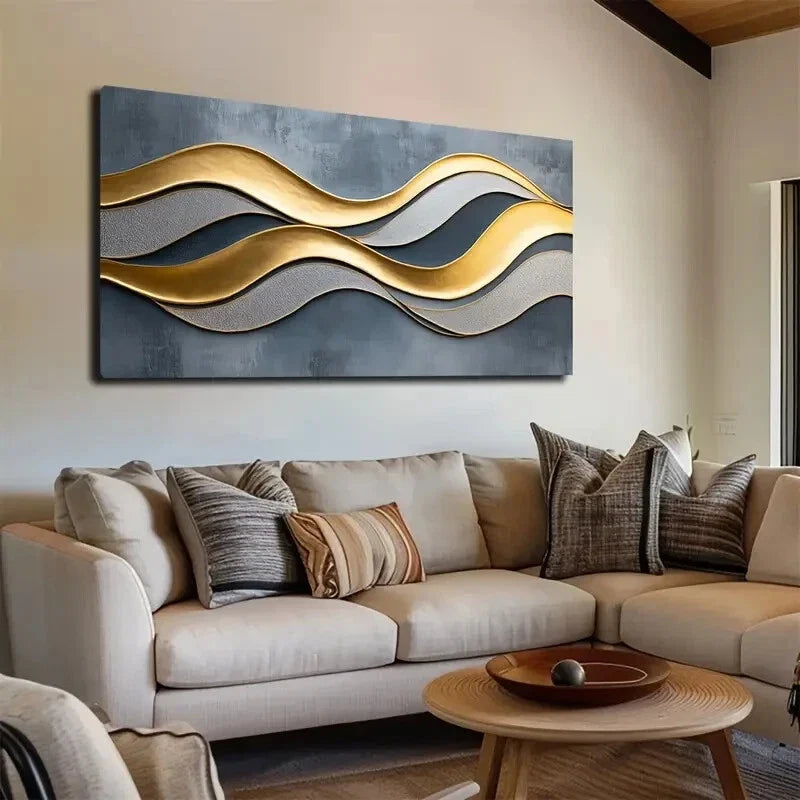 Fluid Golden Lines on Blue Wall Art Canvas Office Home Room Framed 120x60cm