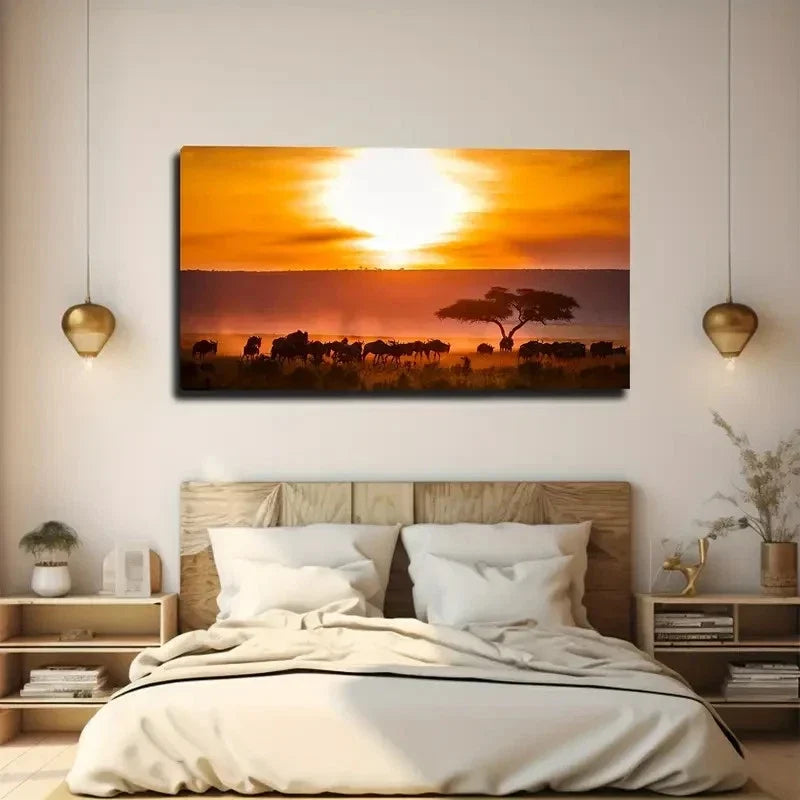 African Savanna Sunset Wall Art Canvas Office Home Room Framed 80x45cm