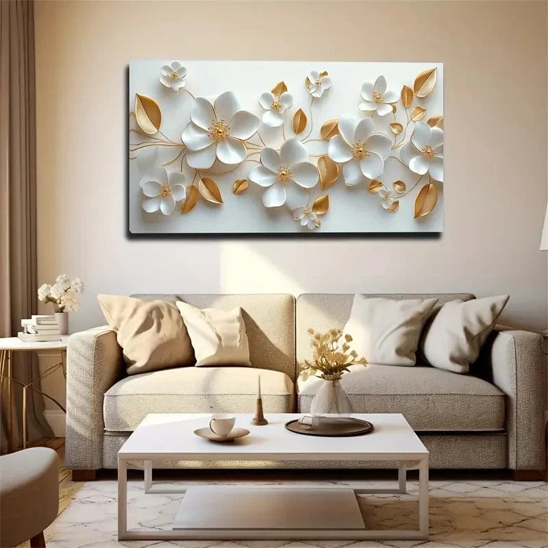 White Flowers Golden Center Wall Art Canvas Office Home Room Framed 80x45cm