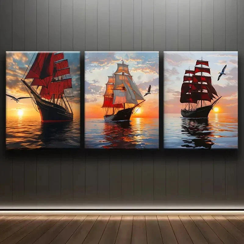 3pcs Sailboat at Sunset Decoration Sun Shine Wall Art Set Canvas Framed 40x60cm - High Quality Print 100% Australian Made Wall Canvas Ready to Hang