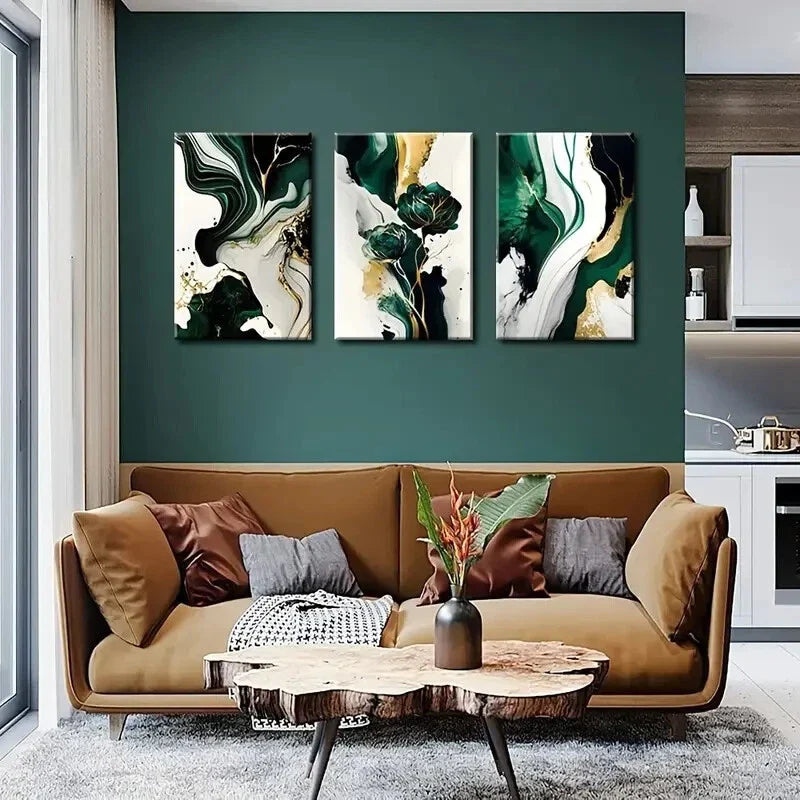 3pcs Emerald Green & Golden Abstract Marble Print Ready to Hang Art