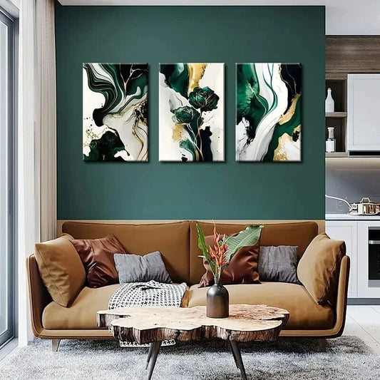 3pcs Emerald Green & Golden Abstract Marble Print Ready to Hang Art