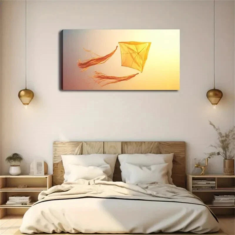 Vibrant Yellow Kite Flying Sky Wall Art Canvas Office Home Room Framed 120x60cm