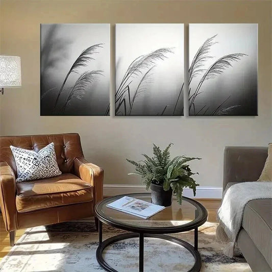 3pcs Minimalist Black and White Grass Perfect Wall Art Set Canvas Framed 40x60cm - High Quality Print 100% Australian Made Wall Canvas Ready to Hang