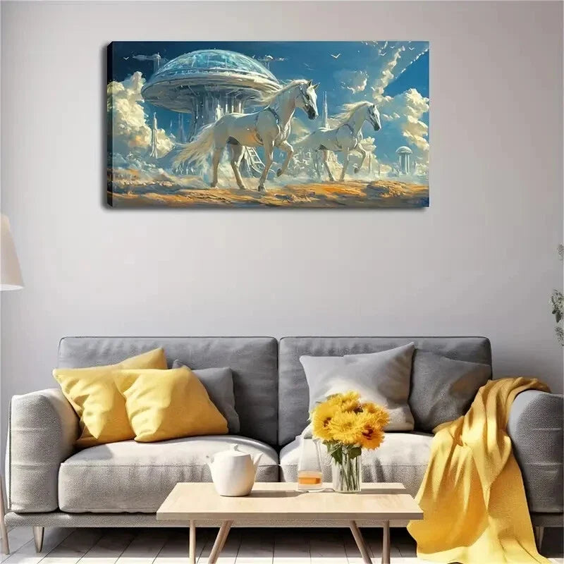 Futuristic White Horses Running Wall Art Canvas Office Home Room Framed 120x60cm