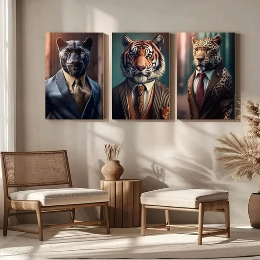3pcs Vintage Suit & Tie Animal Tiger Metal Print Ready to Hang Art