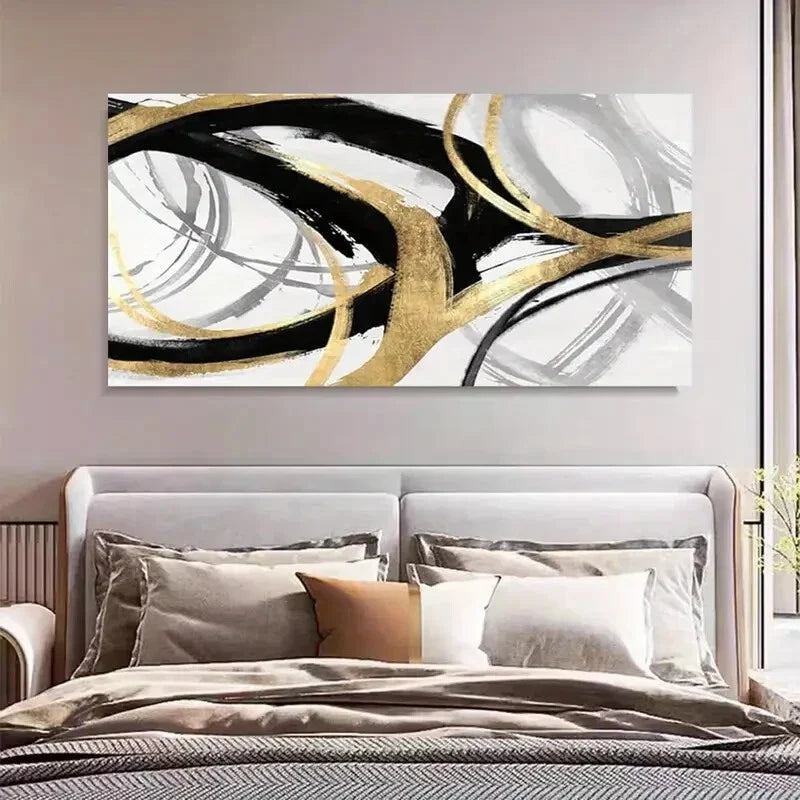 Modern Abstract Golden & Black Wall Art Canvas Office Home Room Framed 120x60cm