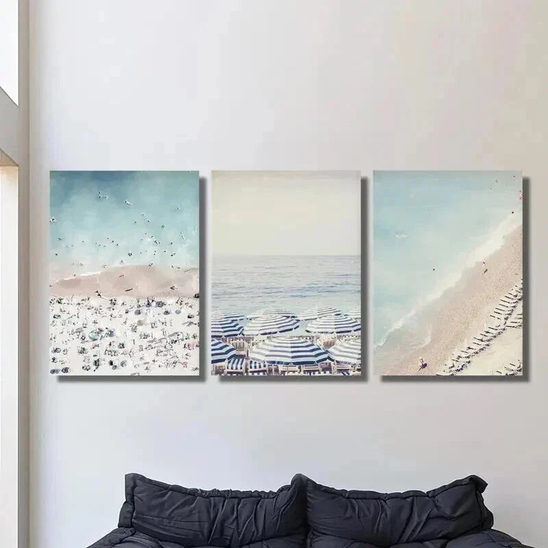 3pcs Blue and White Umbrella & Beach Scene Wall Art Set Canvas Framed 40x60cm - High Quality Print 100% Australian Made Wall Canvas Ready to Hang