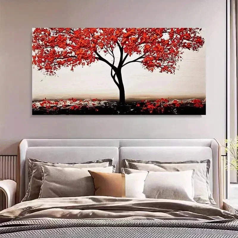 Geometric Landscape Red Tree Happiness Wall Art Canvas Office Home Room Framed 120x60cm