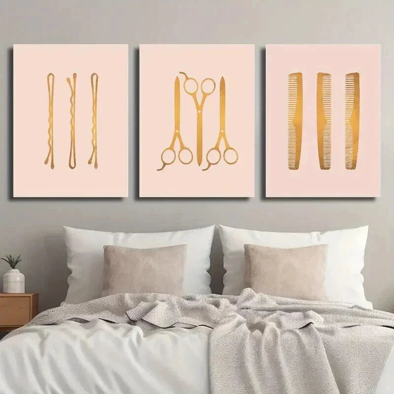 3pcs Hair Salon Hairpin Scissors Comb Wall Art Set Canvas Framed 40x60cm - High Quality Print 100% Australian Made Wall Canvas Ready to Hang