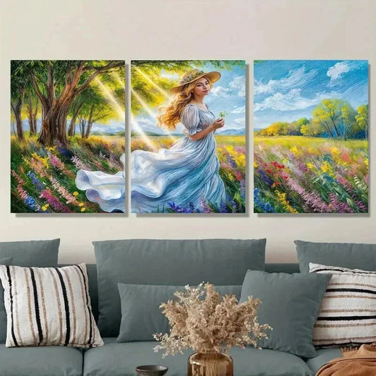 3pcs Elegant Woman in Nature Wildflowers Tree Wall Art Set Canvas Framed 40x60cm - High Quality Print 100% Australian Made Wall Canvas Ready to Hang
