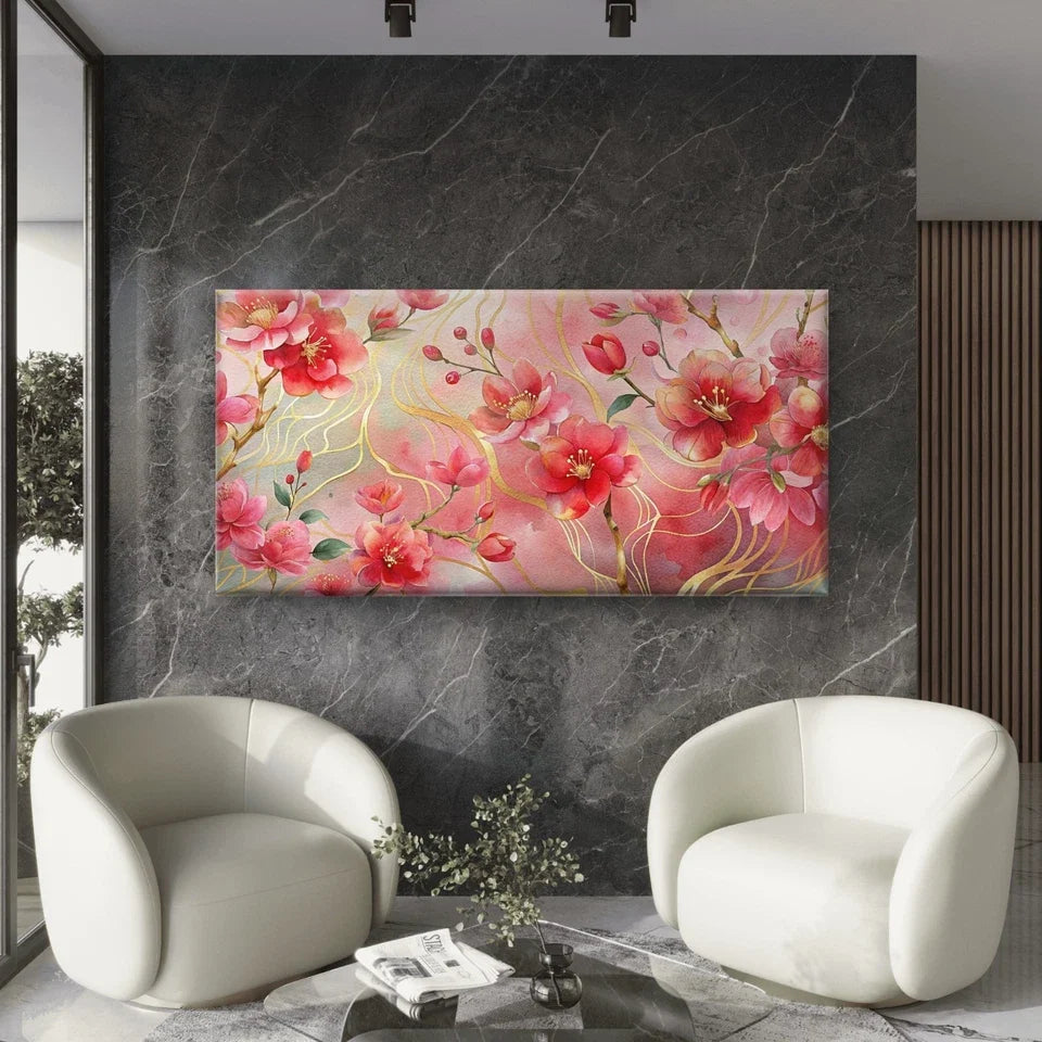 Pink Gold Cherry Blossom Wall Art Canvas Office Home Room Framed 120x60cm
