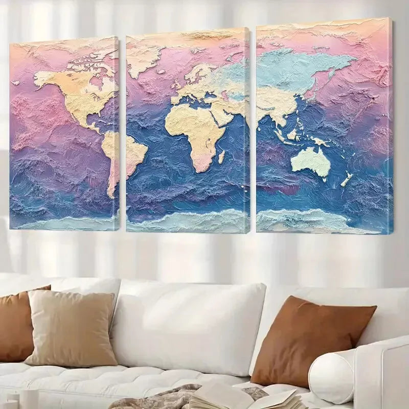 3pcs Decorative Aesthetic Textured World Map Wall Art Set Canvas Framed 40x60cm - High Quality Print 100% Australian Made Wall Canvas Ready to Hang